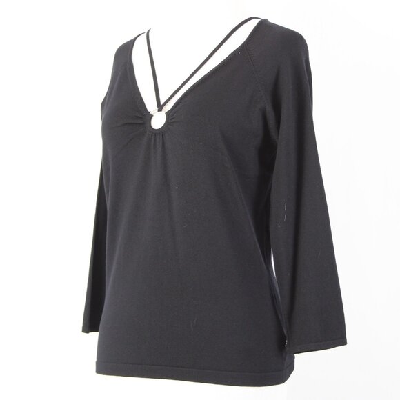BCBG Maxazria Top NEW $145 Sz L Black 3/4 Sleeve Silk Nylon Spandex Pendant Top - Picture 4 of 16